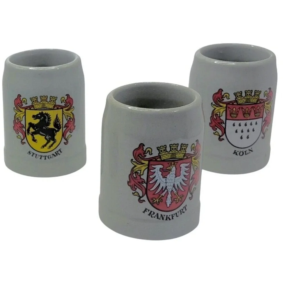 German Stoneware Beer Stein Shot Glass Set of 6 Grey City Crest 2